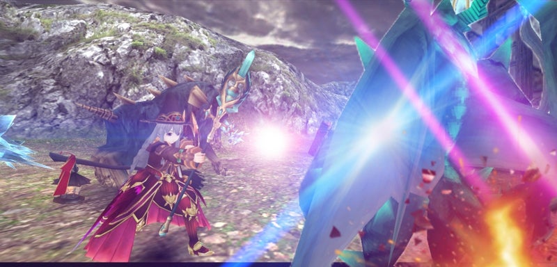 ゲーム画面：キャラと巨大モンスターが戦闘