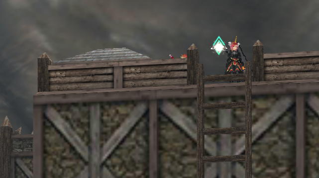 ゲームキャラクターの女性が街の壁の上に立つ
