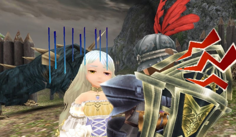 ゲーム画面：女性キャラと騎士、モンスター